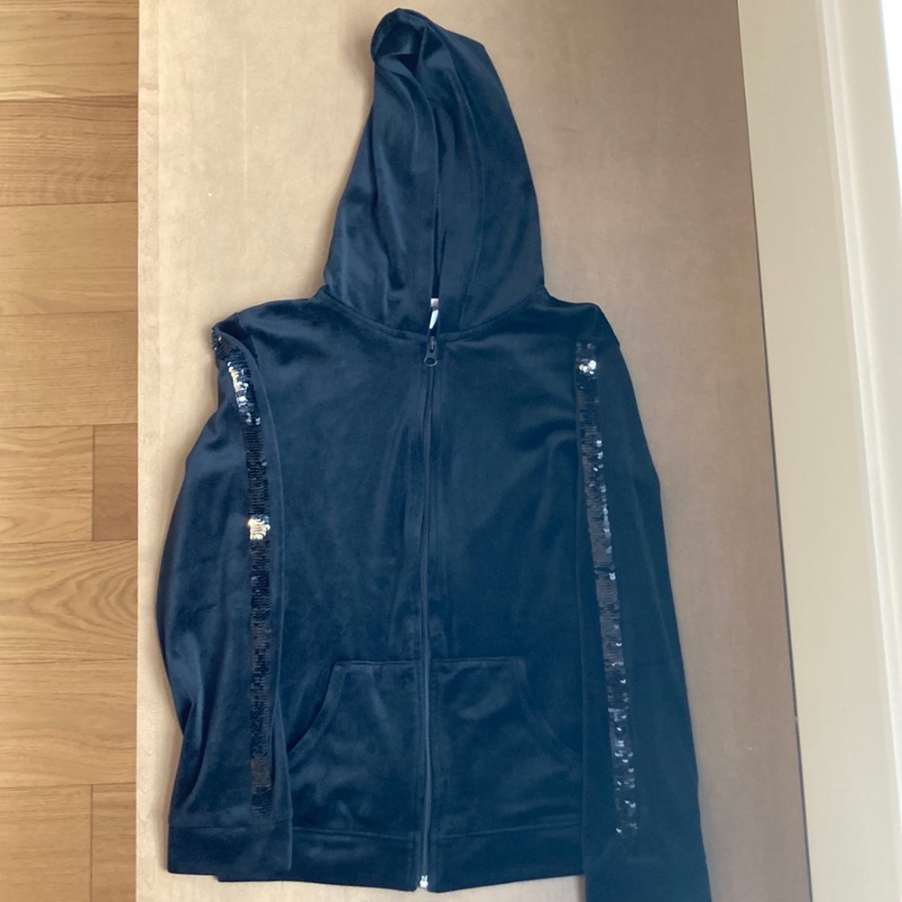 Girls black 10/12 (L) velour hooded full zip sweatshirt with sequin detail